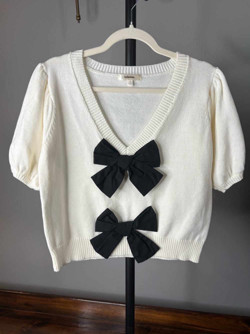 Cream Knit Top with Black Bow Accents